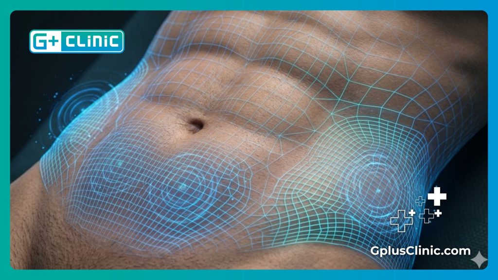 High-tech digital mesh visualization scanning the abdomen for targeted fat removal