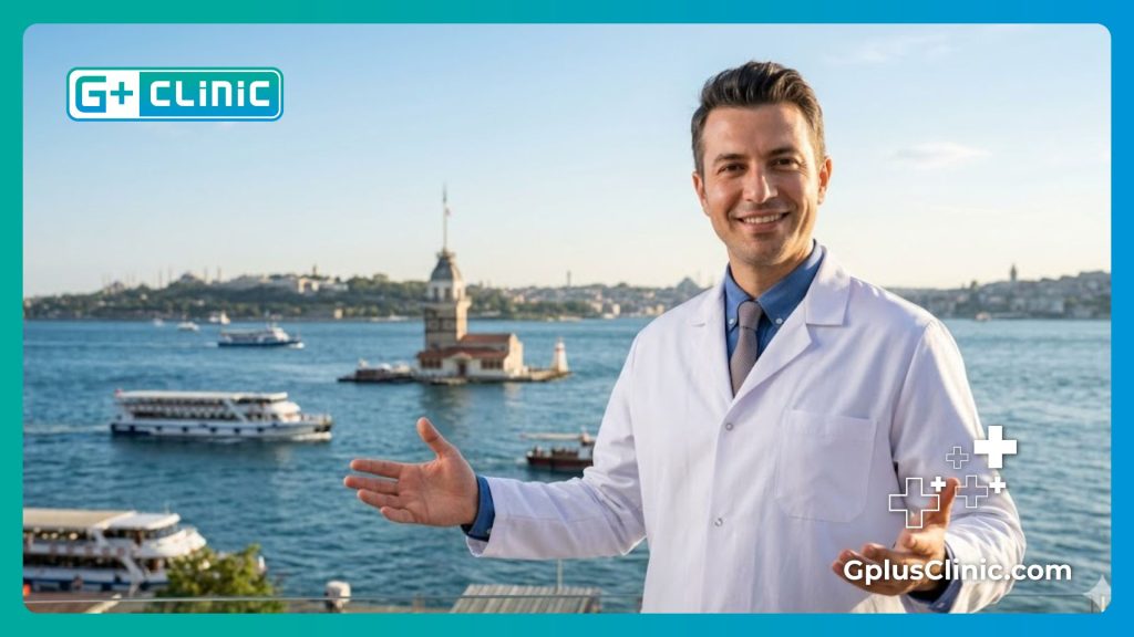 Friendly plastic surgeon welcoming a medical tourist to Istanbul near the Bosphorus