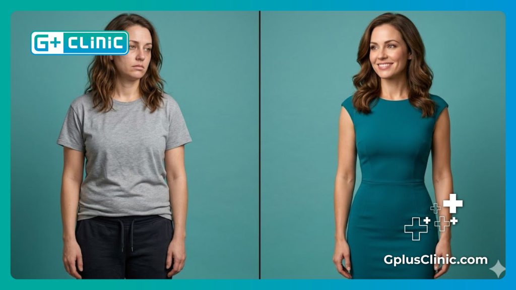 Разделенный экран до и после, показывающий идеальный результат контурирования тела.