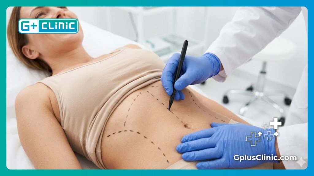 Хирург наносит медицинскую разметку на живот пациента перед операцией.