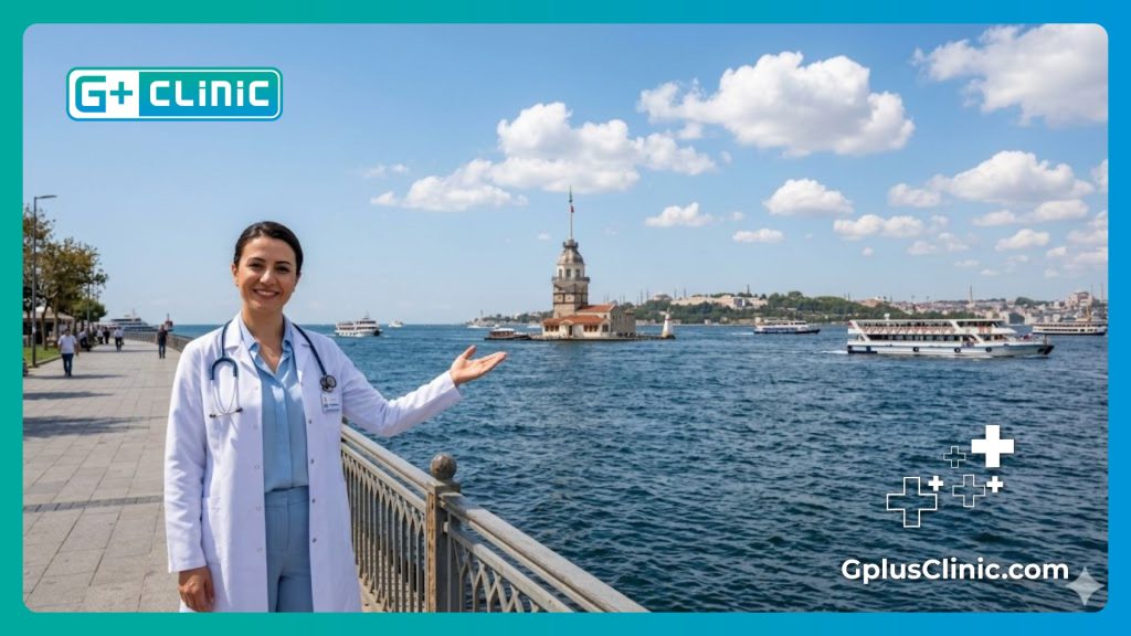 Médico dando la bienvenida a la paciente en Estambul cerca del Bósforo