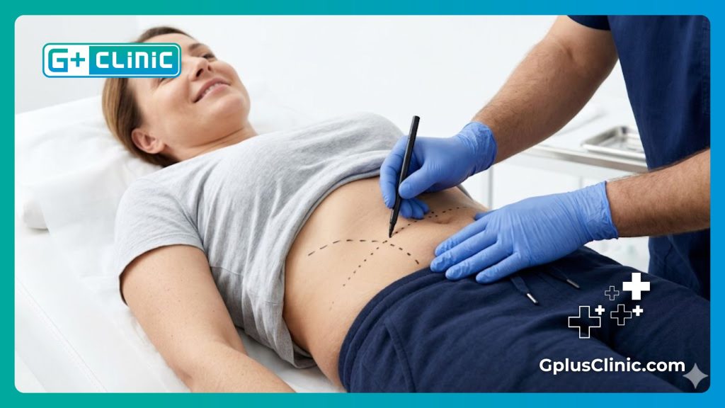 Traçage médical sur le ventre d'une patiente avant la chirurgie esthétique
