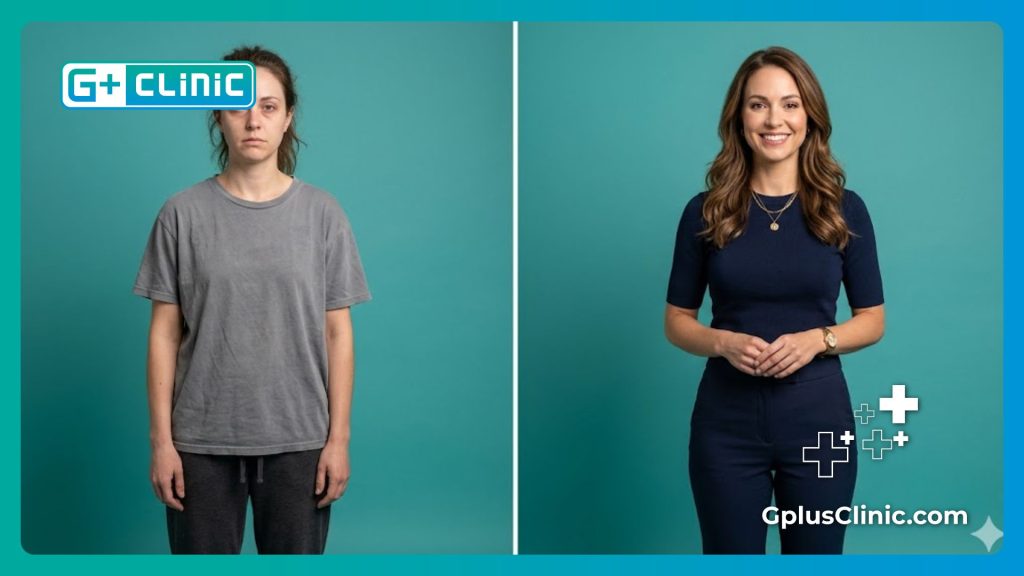 : Split-screen visualization of a woman showing renewed confidence after successful aesthetic treatments.