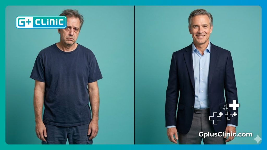 Split screen showing a man's transformation and restored confidence after treatment