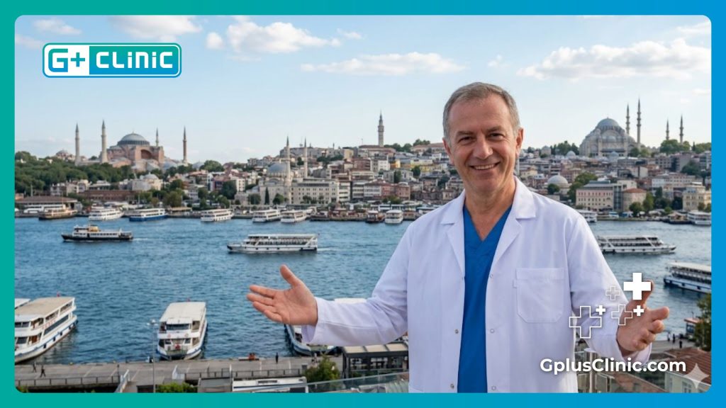 Friendly surgeon welcoming a patient to Istanbul with a beautiful skyline view