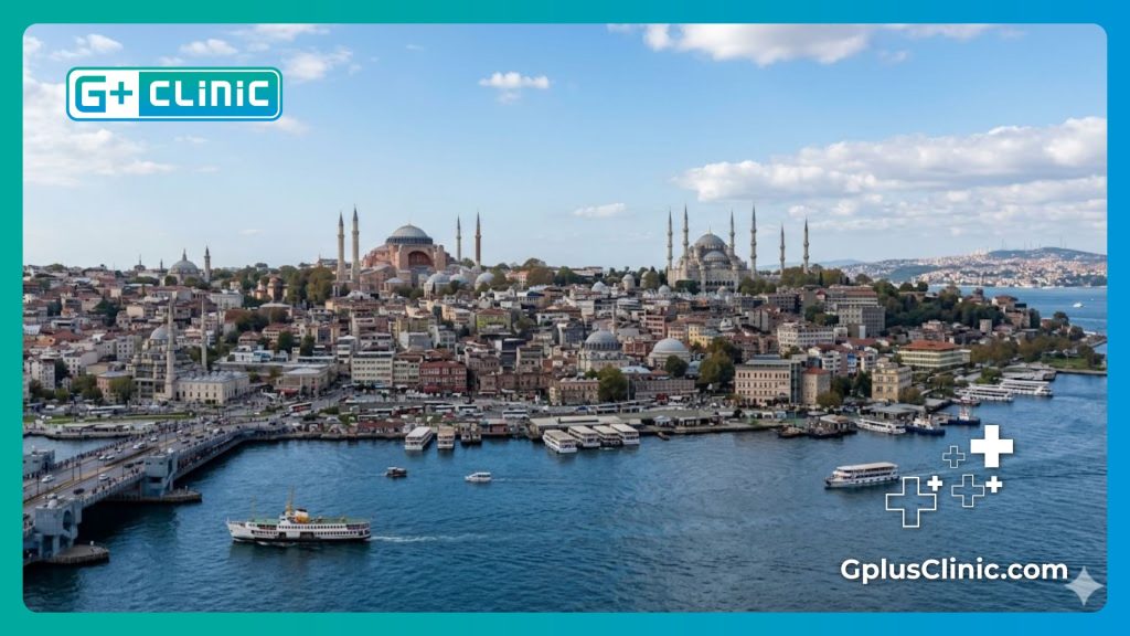 Médico dando la bienvenida con el horizonte de Estambul de fondo