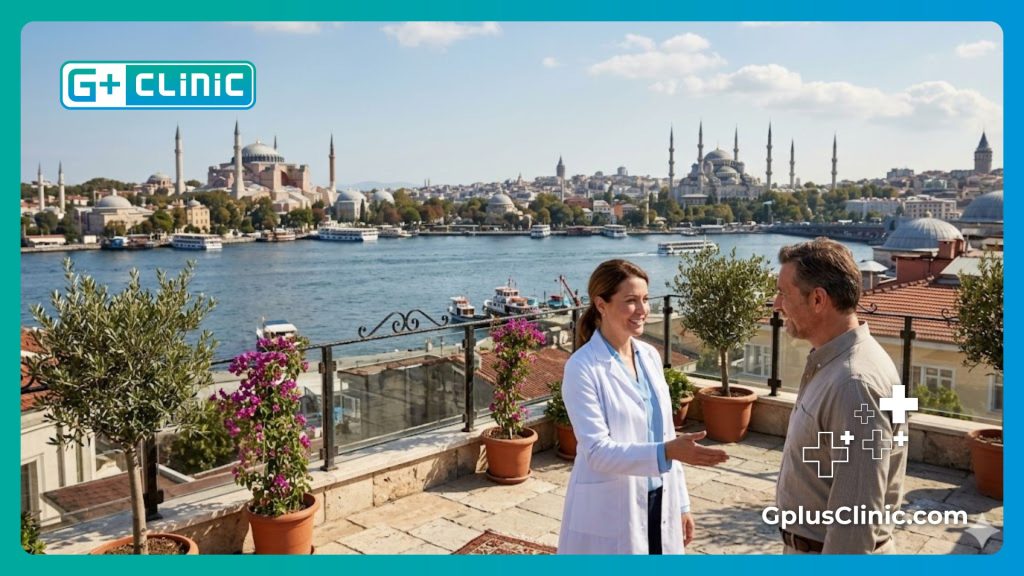 Friendly doctor welcoming a patient to Istanbul near Hagia Sophia.