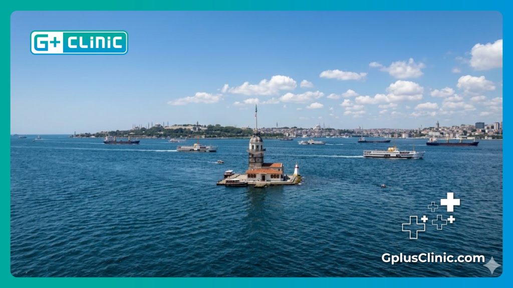 Vista diurna del estrecho del Bósforo y la Torre de la Doncella en Estambul.
