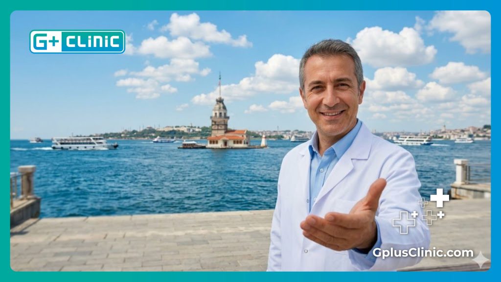 Médico dando la bienvenida a pacientes de turismo de salud en Estambul frente al hermoso Bósforo