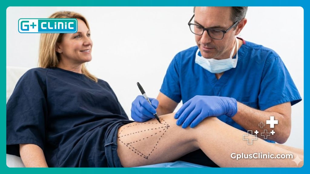 Detalles de un cirujano realizando marcas quirúrgicas precisas en las piernas de un paciente.