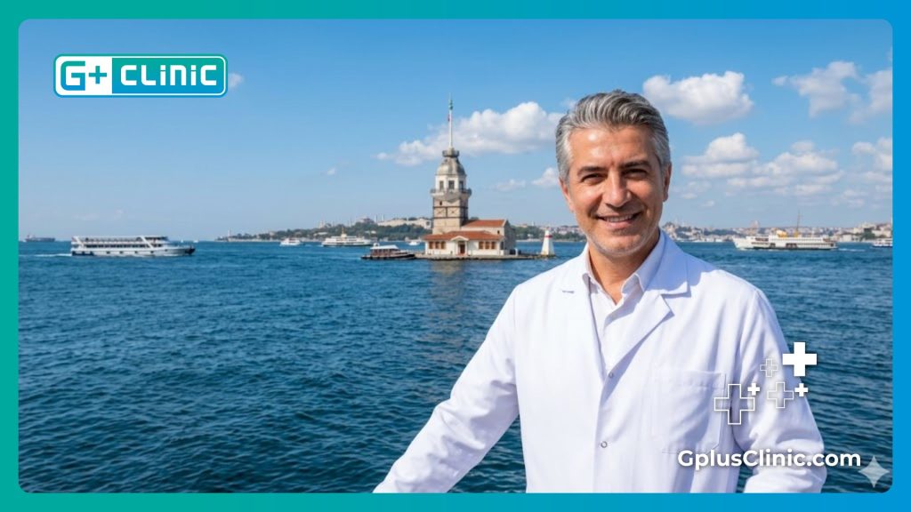 Un médecin souriant vous accueillant à Istanbul avec le Bosphore en arrière-plan.