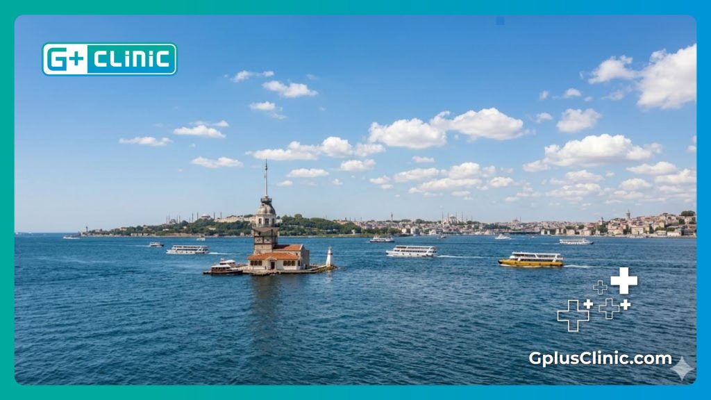 Хирург приветствует пациентов в Стамбуле на фоне Босфора.