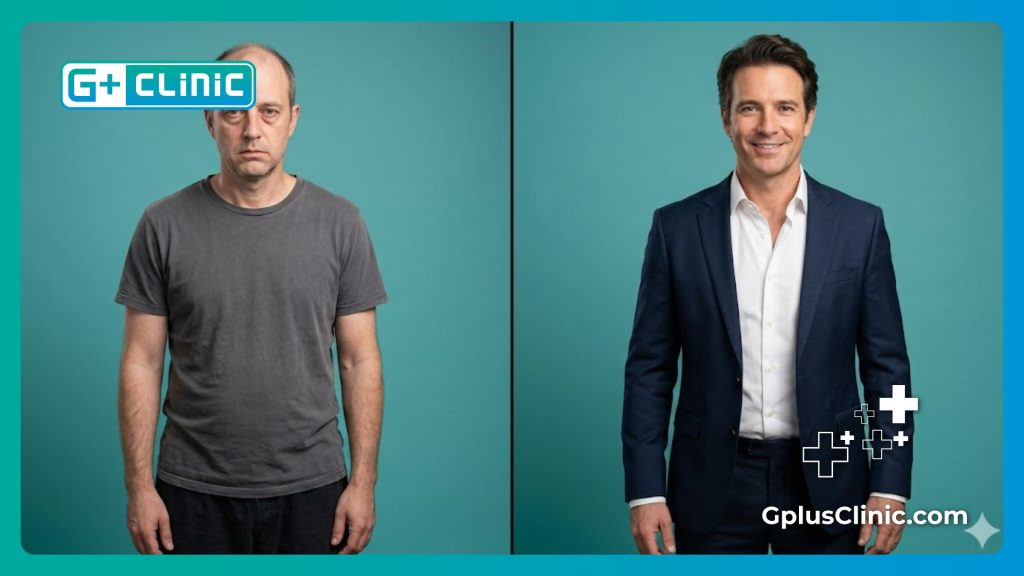 Split-screen comparison showing a dramatic before and after hair restoration transformation.