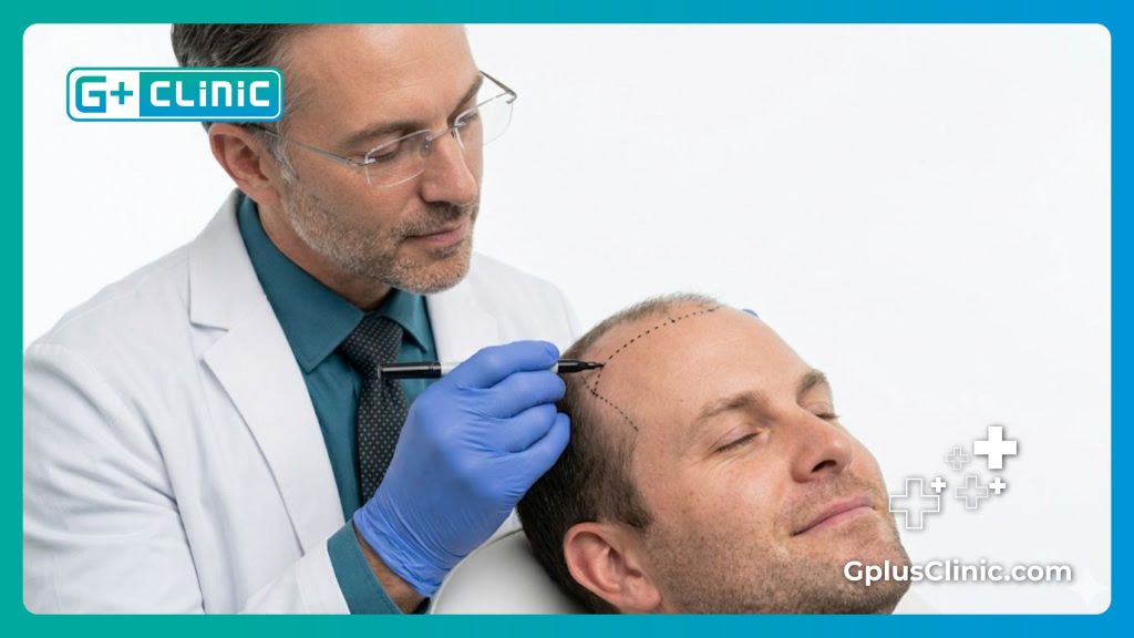 Surgeon precisely marking the patient's hairline before the procedure.