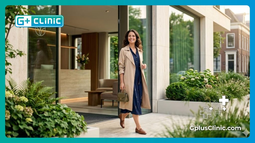 Confident and happy female patient walking out of a modern clinic after a successful procedure
