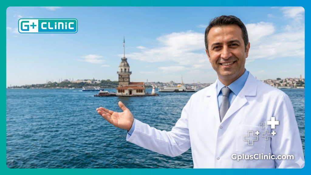Friendly doctor welcoming patients to Istanbul with the Bosphorus in the background.