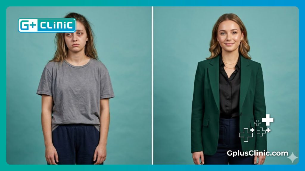 Split screen showing the patient's emotional transformation