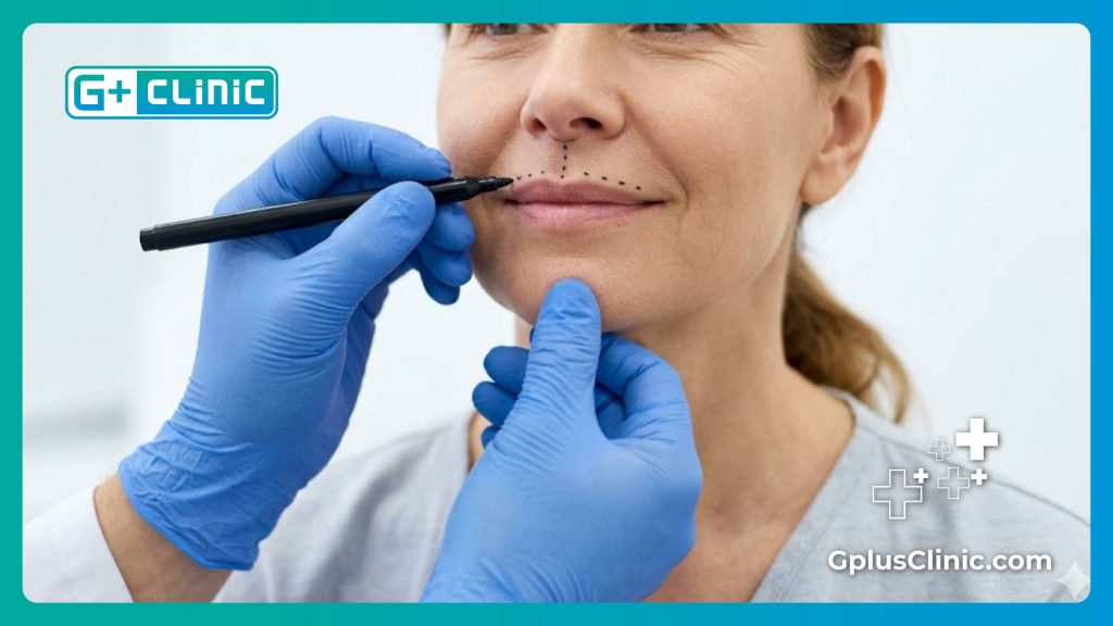Cirujano dibujando las guías anatómicas para el levantamiento de labios