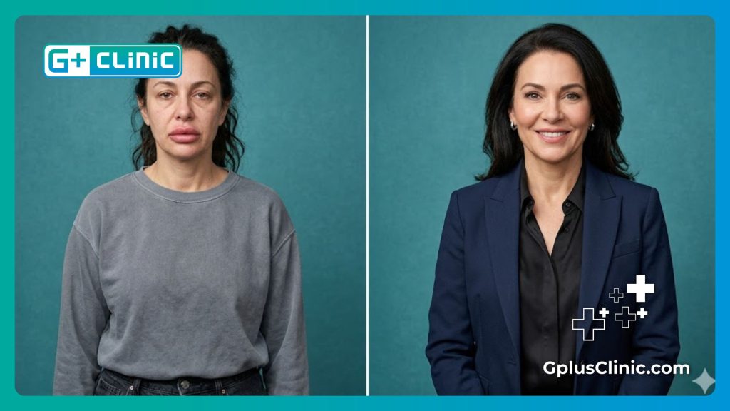 Pantalla dividida que muestra la transformación antes y después de la cirugía de labios