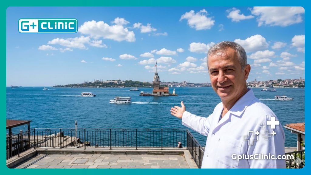 Cirujano dando la bienvenida a los pacientes en Estambul con el Bósforo de fondo