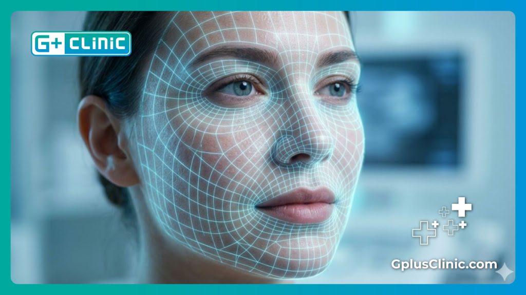 High-tech digital mesh visualization of facial anatomy and skin
