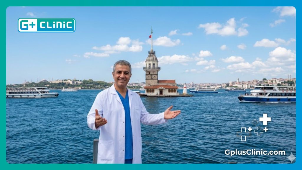 طبيب يرحب بالمريضة في إسطنبول مع خلفية برج الفتاة