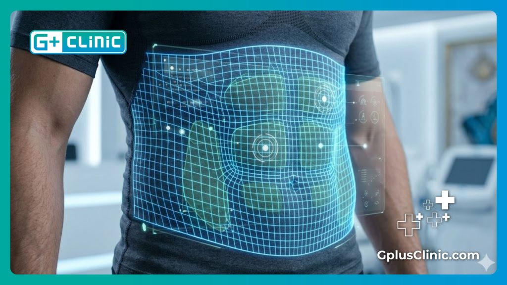Escaneo de malla digital avanzado que muestra las áreas del cuerpo para esculpir.