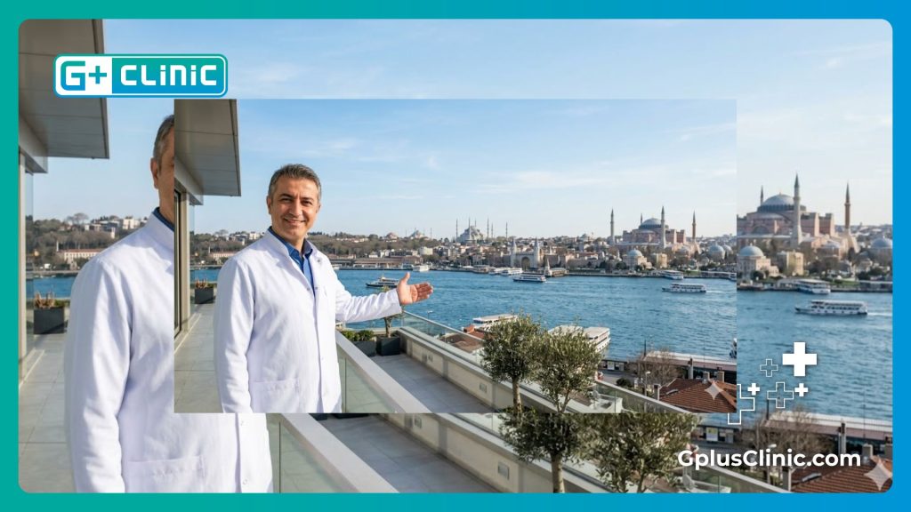 Doctor amable dando la bienvenida a un paciente en Estambul con vistas a la mezquita.