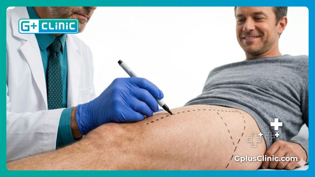 Doctor making precise surgical markings on a patient for a safe orthopedic procedure.