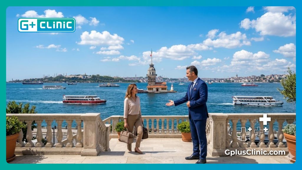 Врач тепло приветствует пациентку в Стамбуле на фоне Босфора