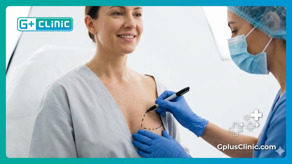 Marquage préopératoire au feutre chirurgical sur la poitrine avant un lifting des seins.