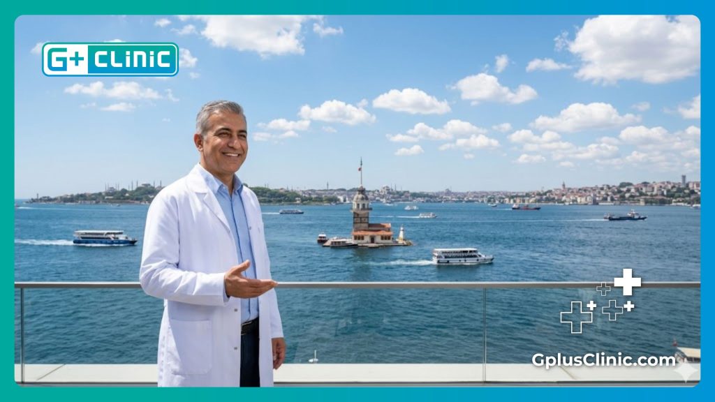 Médico amable dando la bienvenida a Estambul frente al Bósforo.