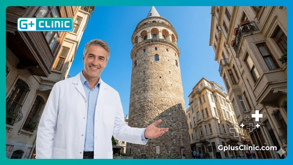 Urólogo dando la bienvenida a los pacientes a Estambul frente a la Torre Galata