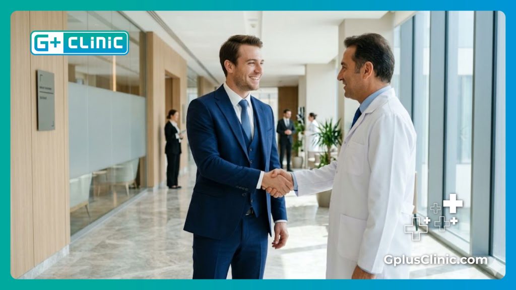 Confident male patient shaking hands with doctor post-procedure in a luxury clinic