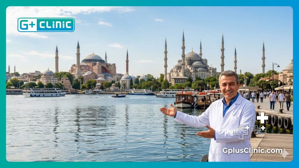 Friendly urologist welcoming a patient to Istanbul for treatment with historical skyline