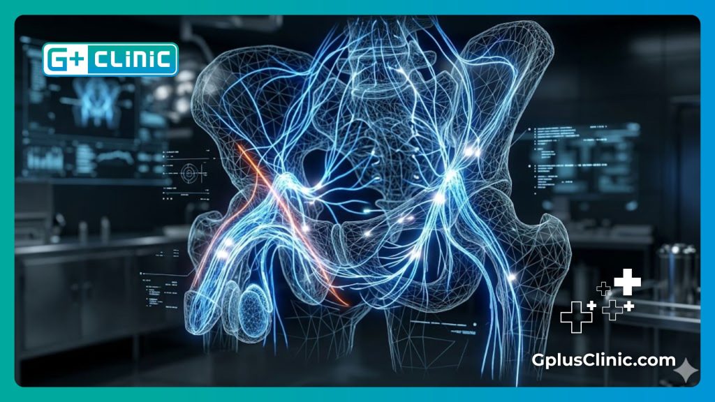 : High-tech digital scan showing precise nerve preservation zones for intimate surgery.