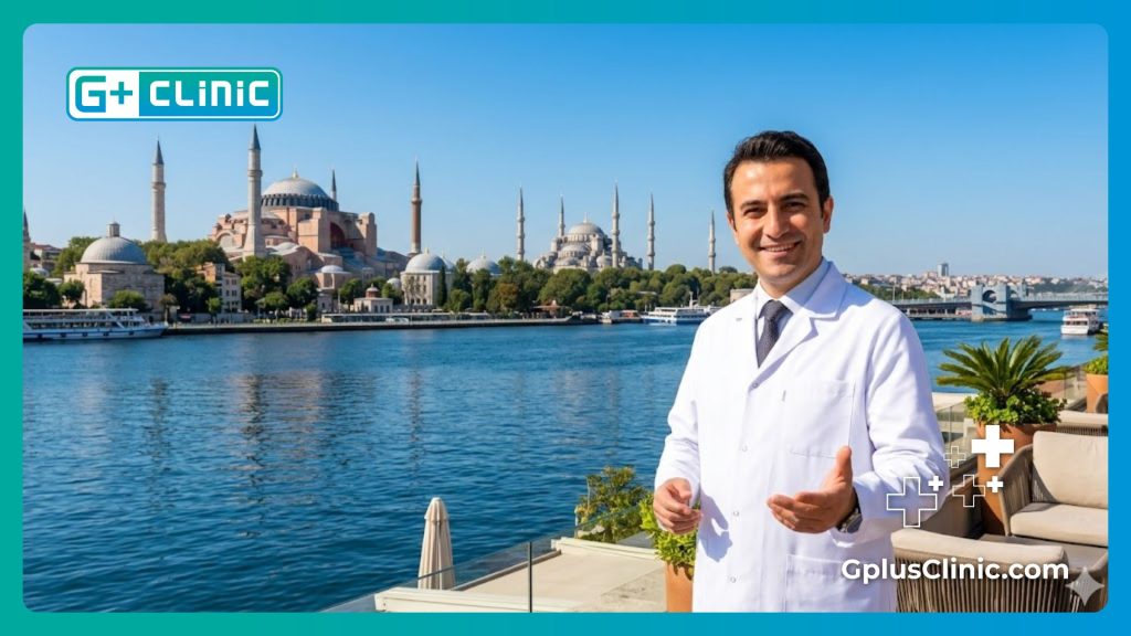 A friendly doctor welcoming a patient with the beautiful Istanbul skyline in the background.