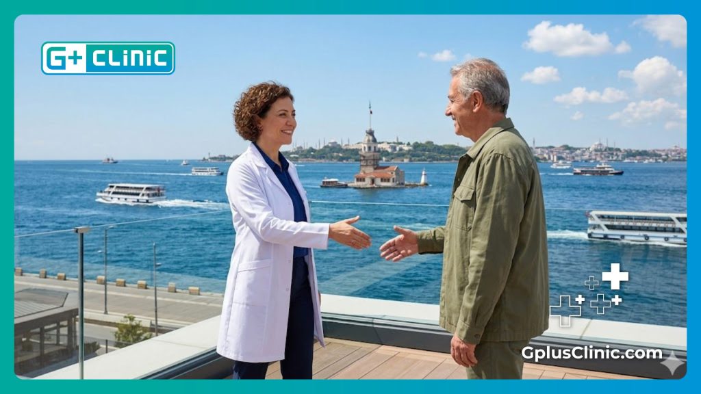 طبيب يرحب بمرضى السياحة العلاجية في اسطنبول مع خلفية آيا صوفيا