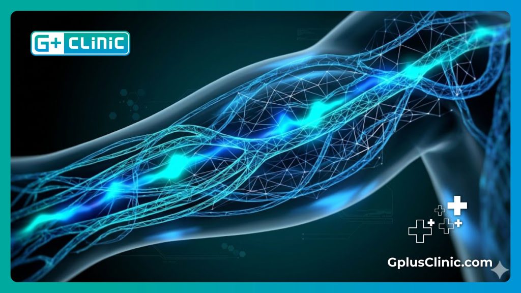 High-tech digital visualization showing healthy blood flow and vascular recovery.