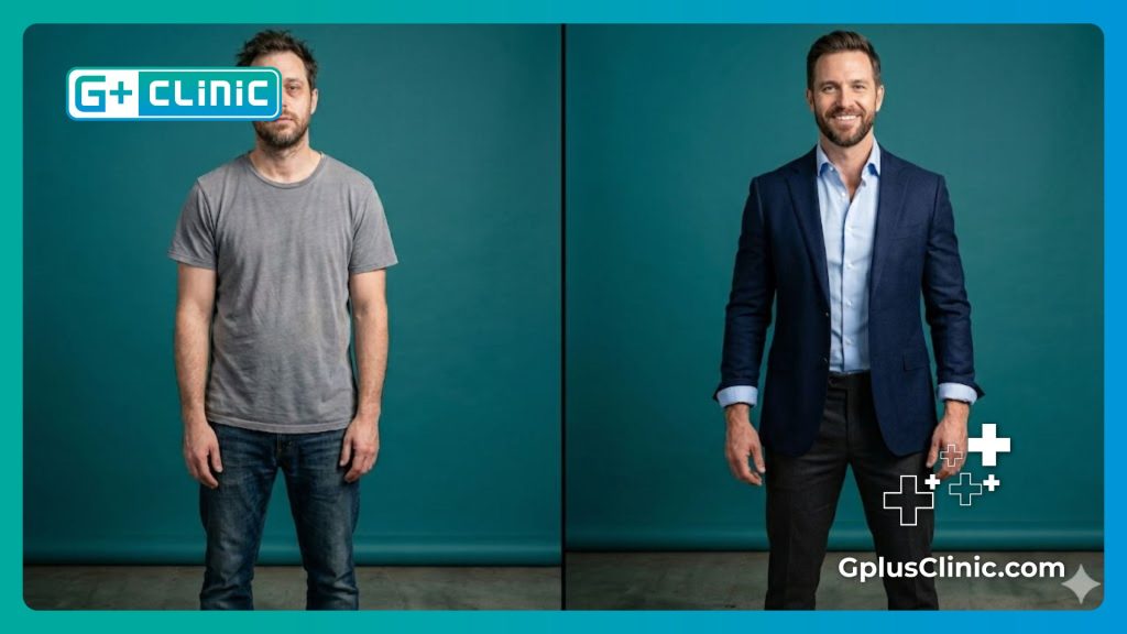 Split screen showing a man's confidence transformation before and after treatment