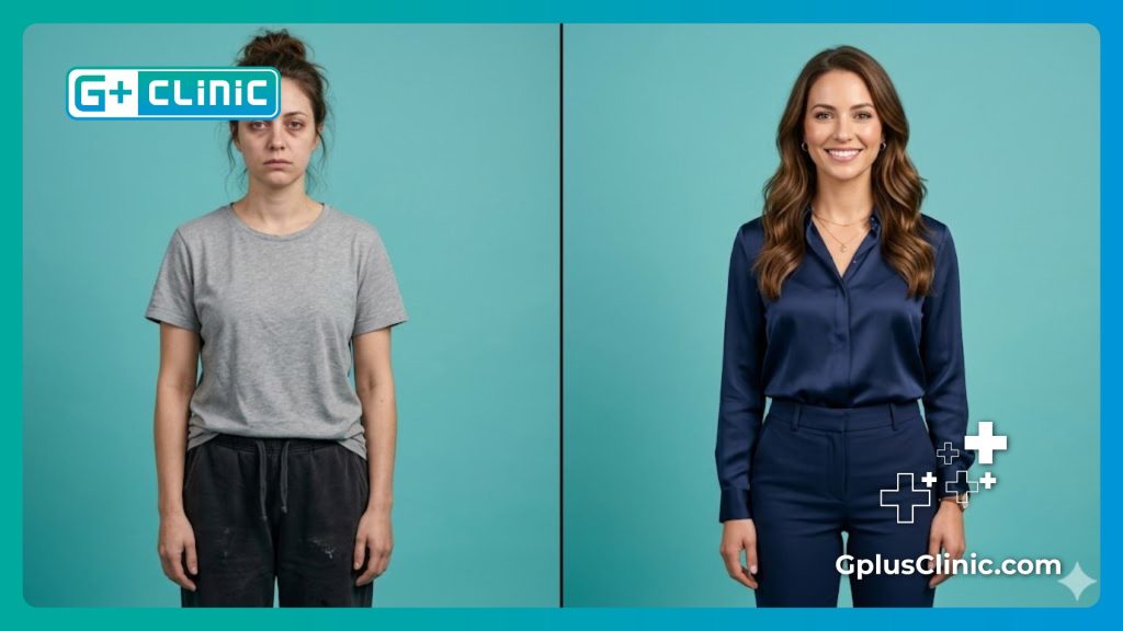 Split screen comparison showing female physical transformation before and after
