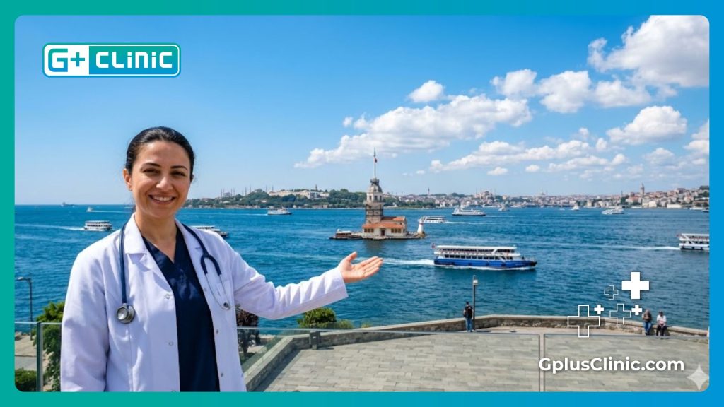 طبيب يرحب بالمريضة في اسطنبول أمام مضيق البوسفور