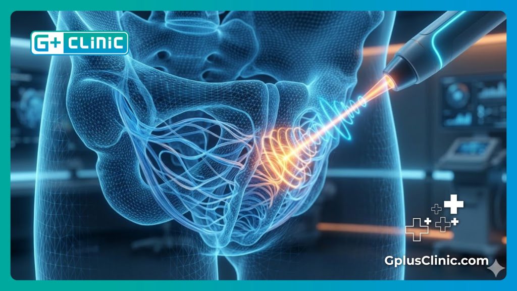 High-tech digital mesh visualization of tissue layers during non-invasive ultrasound procedure