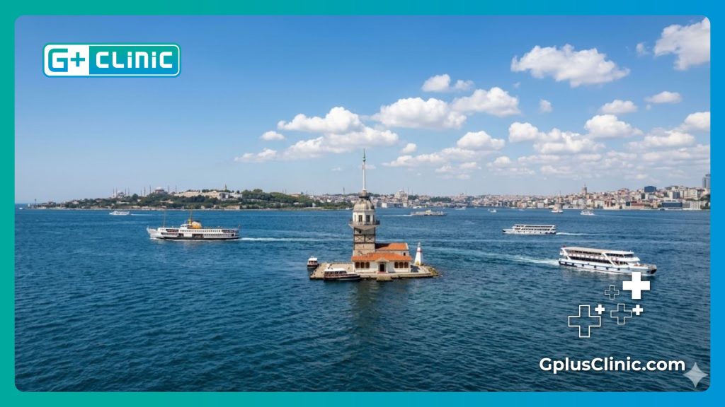 Friendly doctor welcoming a patient to Istanbul near the beautiful Bosphorus Strait