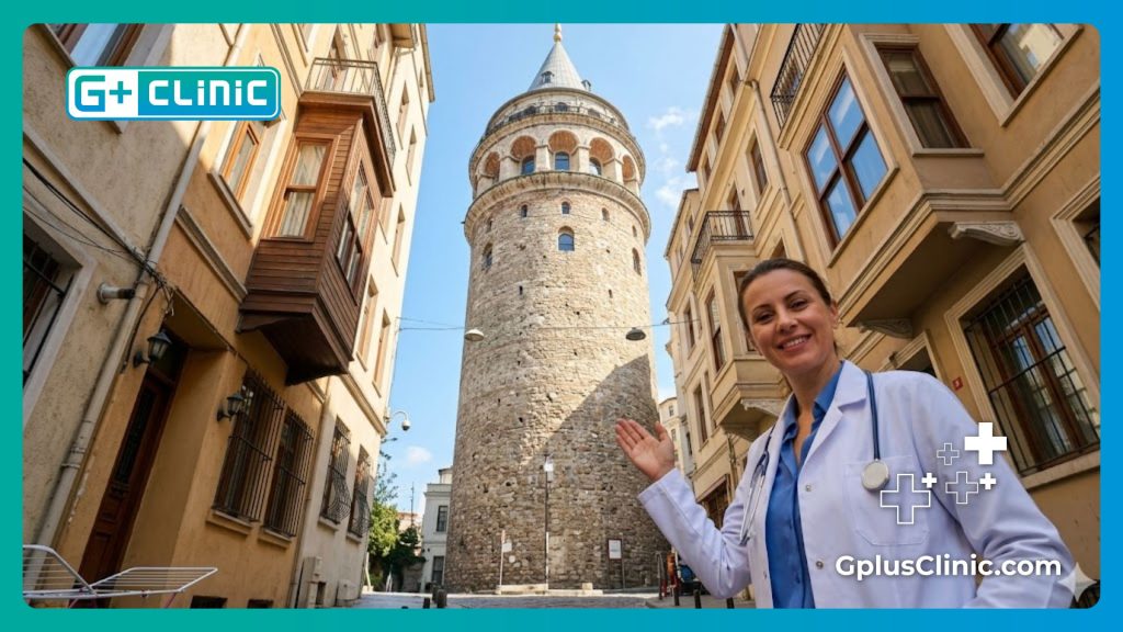 Friendly spine specialist welcoming a patient in front of the Galata Tower in Istanbul