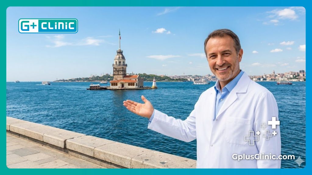 Médecin accueillant un patient à Istanbul devant la tour de Léandre.