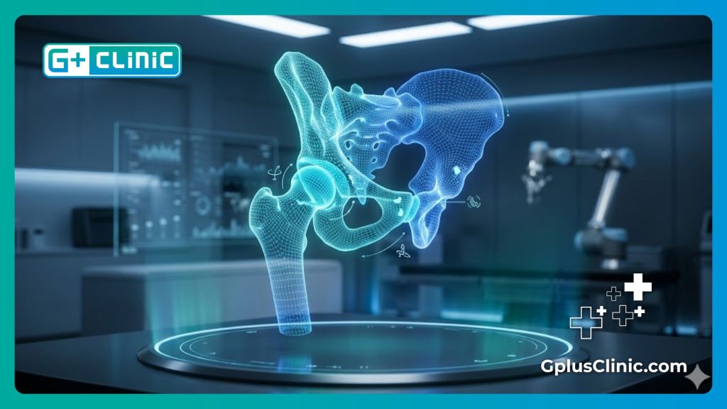 High-resolution digital 3D mesh scan focusing on the exact anatomy of the hip joint.