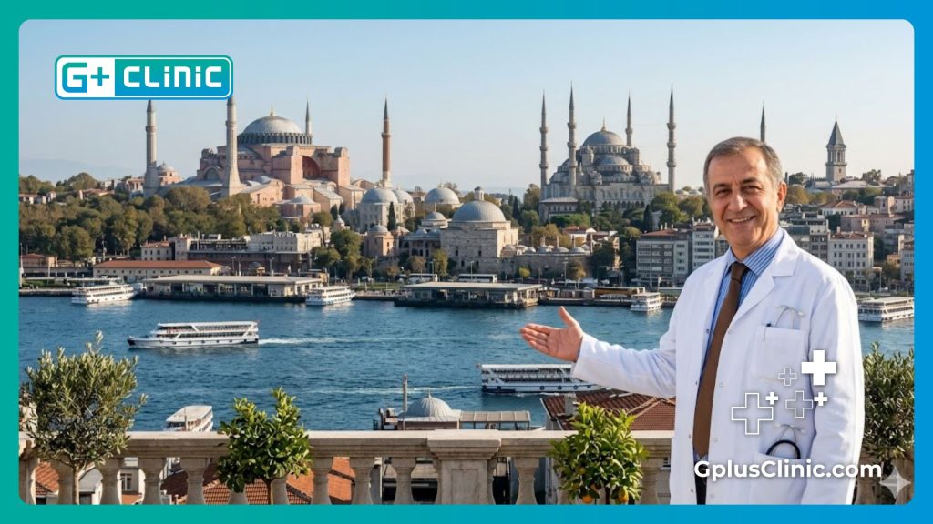 Welcoming doctor standing in front of iconic Istanbul landmarks representing medical tourism.