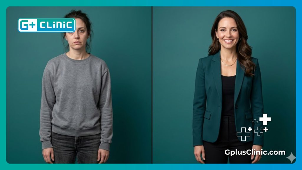 Comparaison avant/après mettant en évidence le regain de confiance de la patiente.