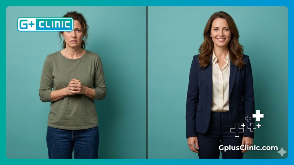 Split-screen visualization of patient relief and regained confidence.